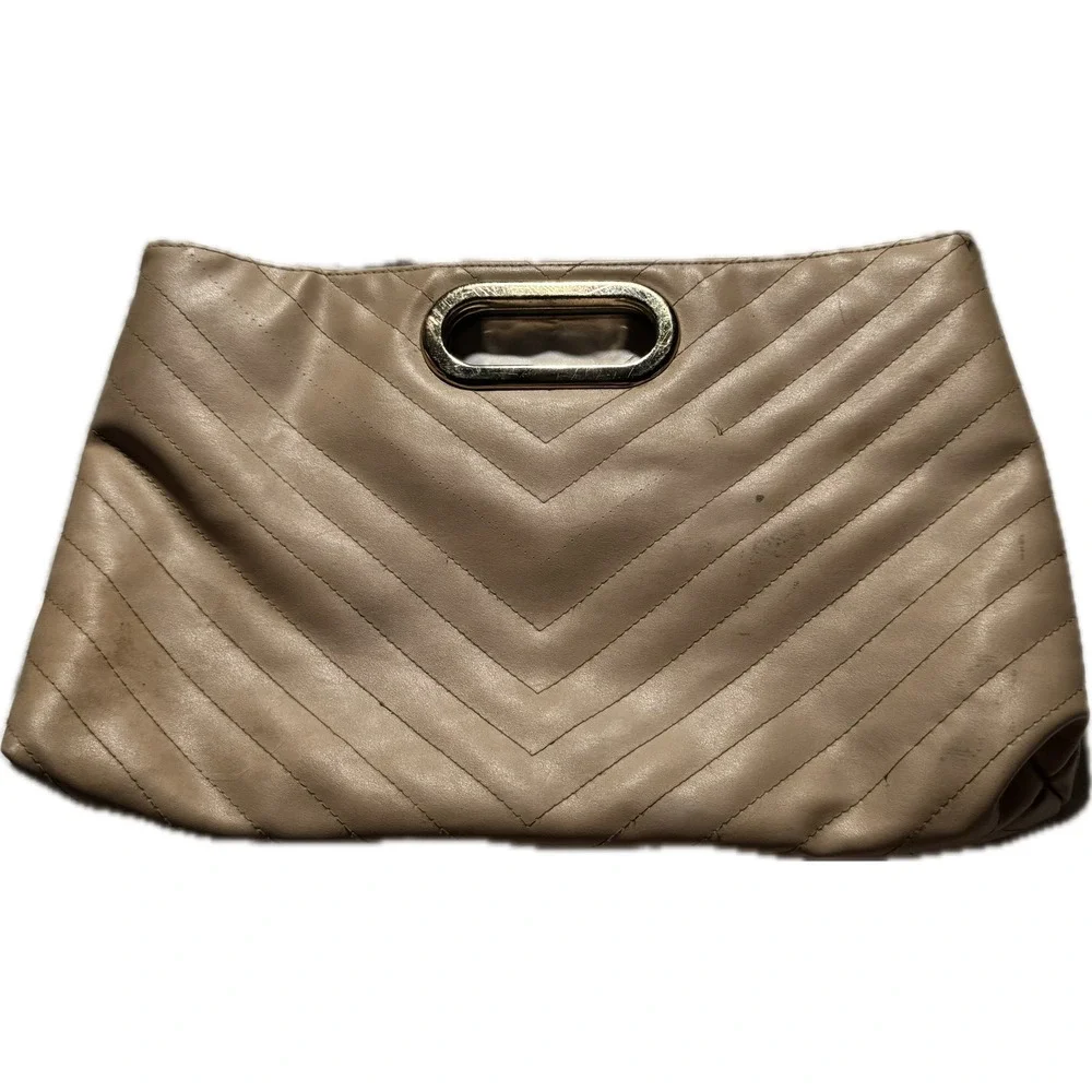Beige Chevron Quilted‎ Oversized Clutch Bag Metal Handle Striped Lining Handbag